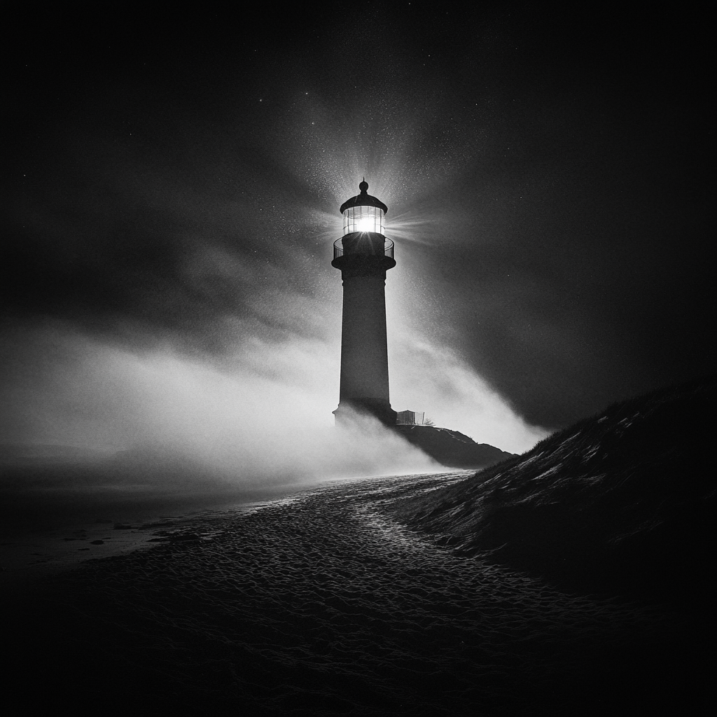 Cinematic black and white lighthouse on beach.