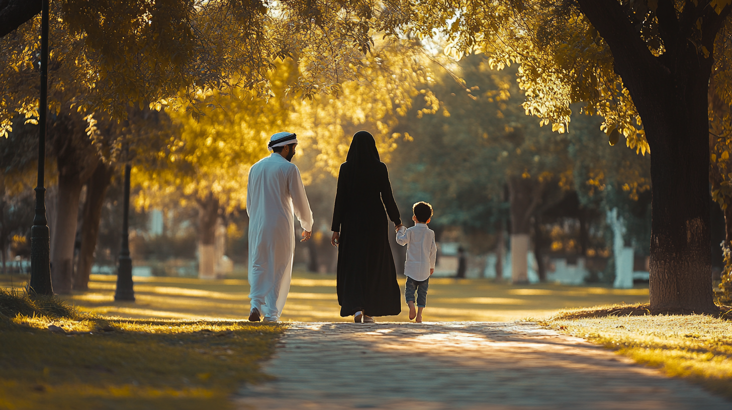 Cinematic family portrait in public park, Arab attire.