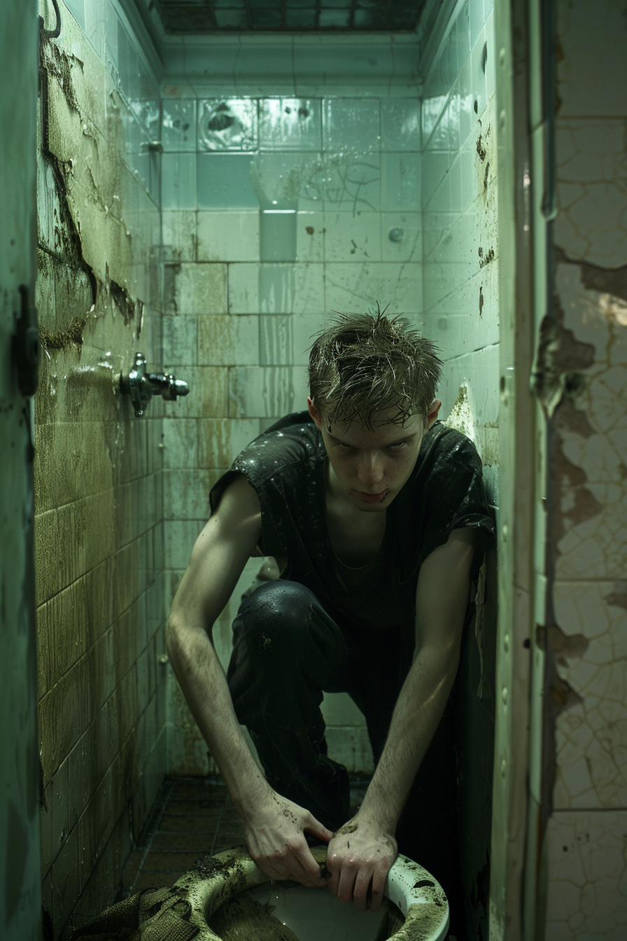 Cinematic grimy bathroom scene with determined young man