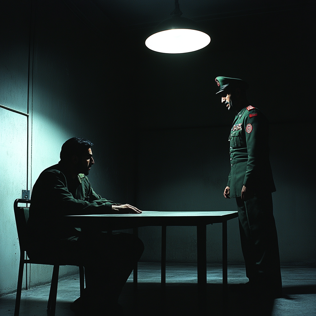 Cinematic interrogation scene with shadowy figure and military officer.