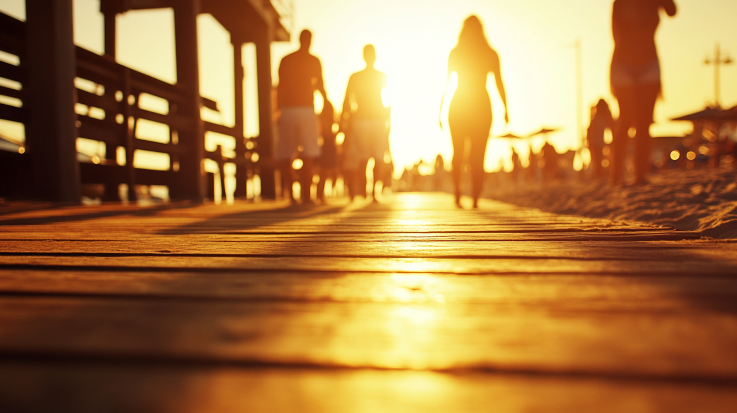 Cinematic photo of sunny beach with people enjoying themselves.