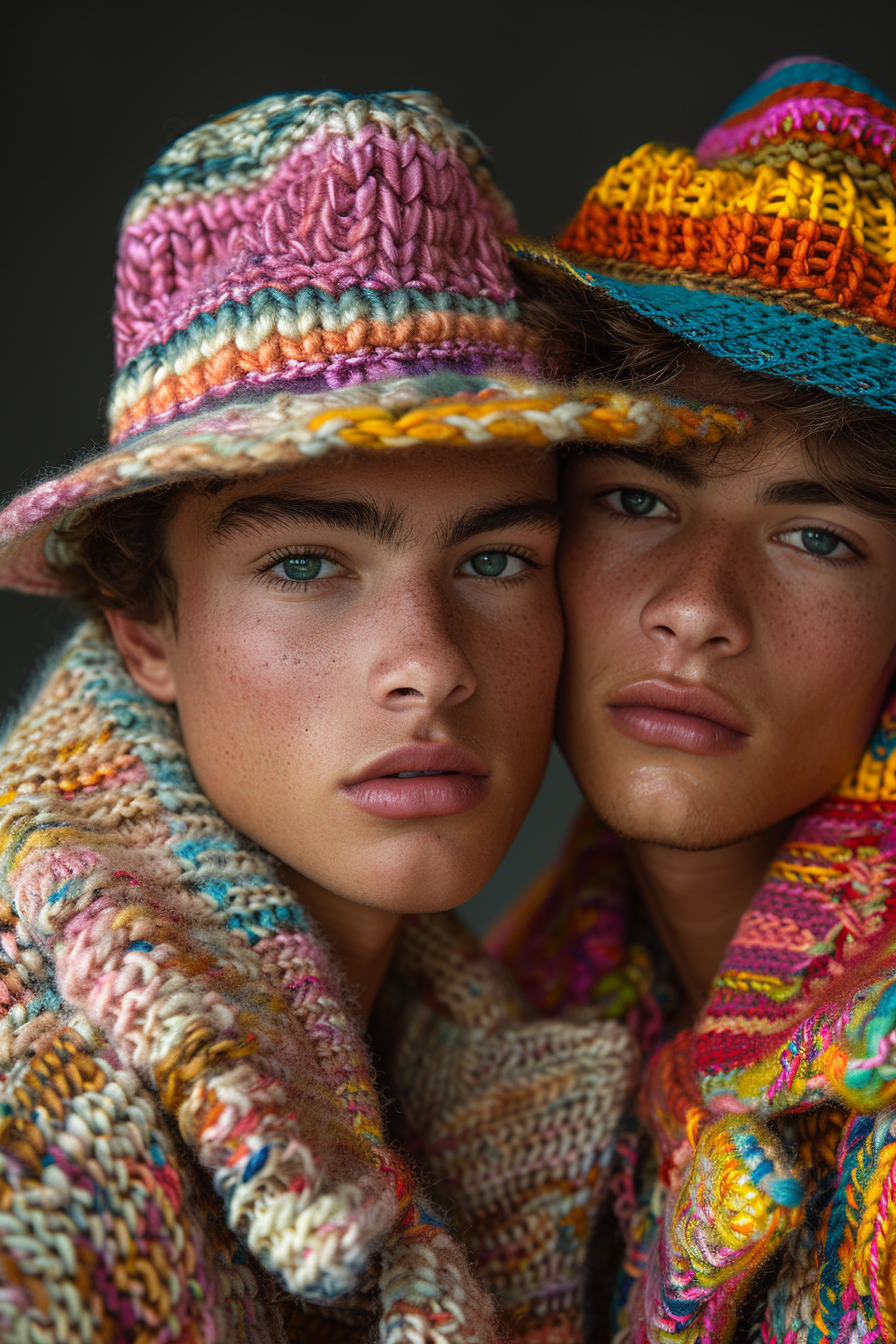 Cinematic portrait of two men in Barbie doll costumes.