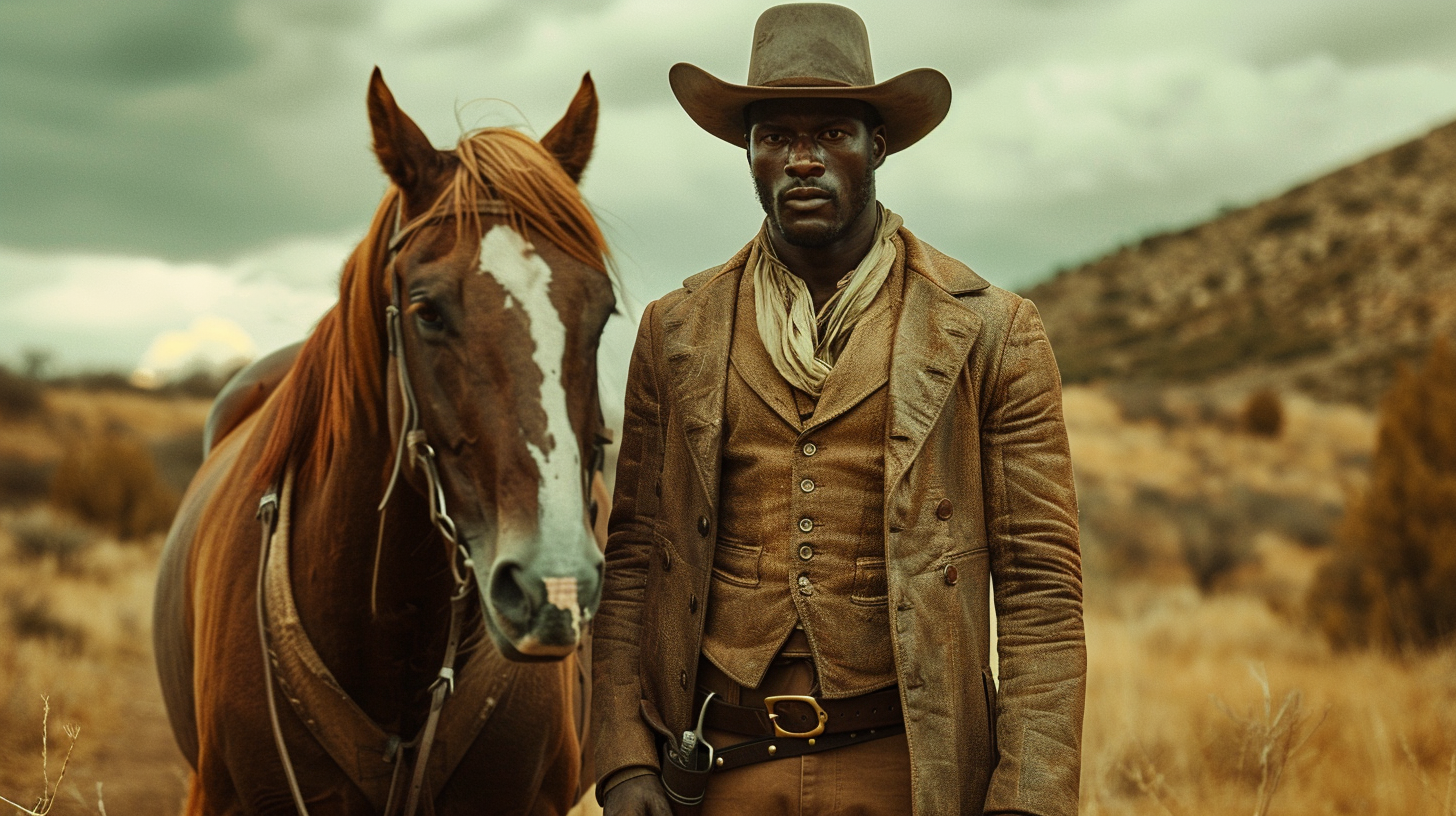 Cinematic style photo of Black man and horse.