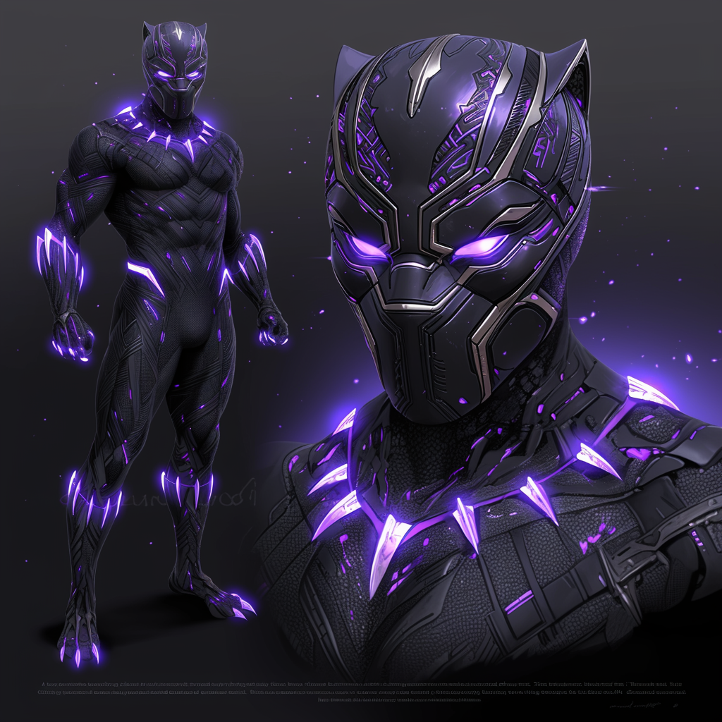 Cinematic superhero in black suit, glowing purple accents, Wakandan.