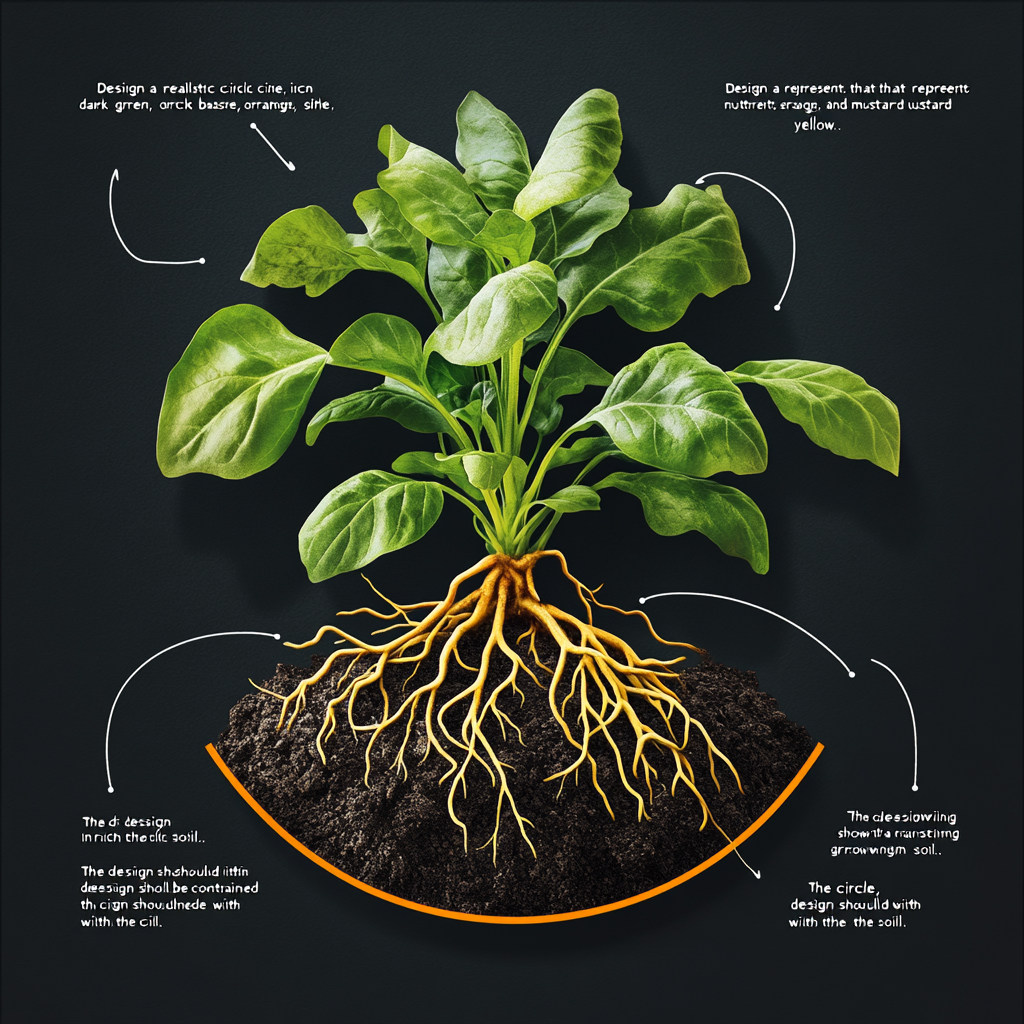 Circle icon representing nutrient-rich base, plant with strong roots.