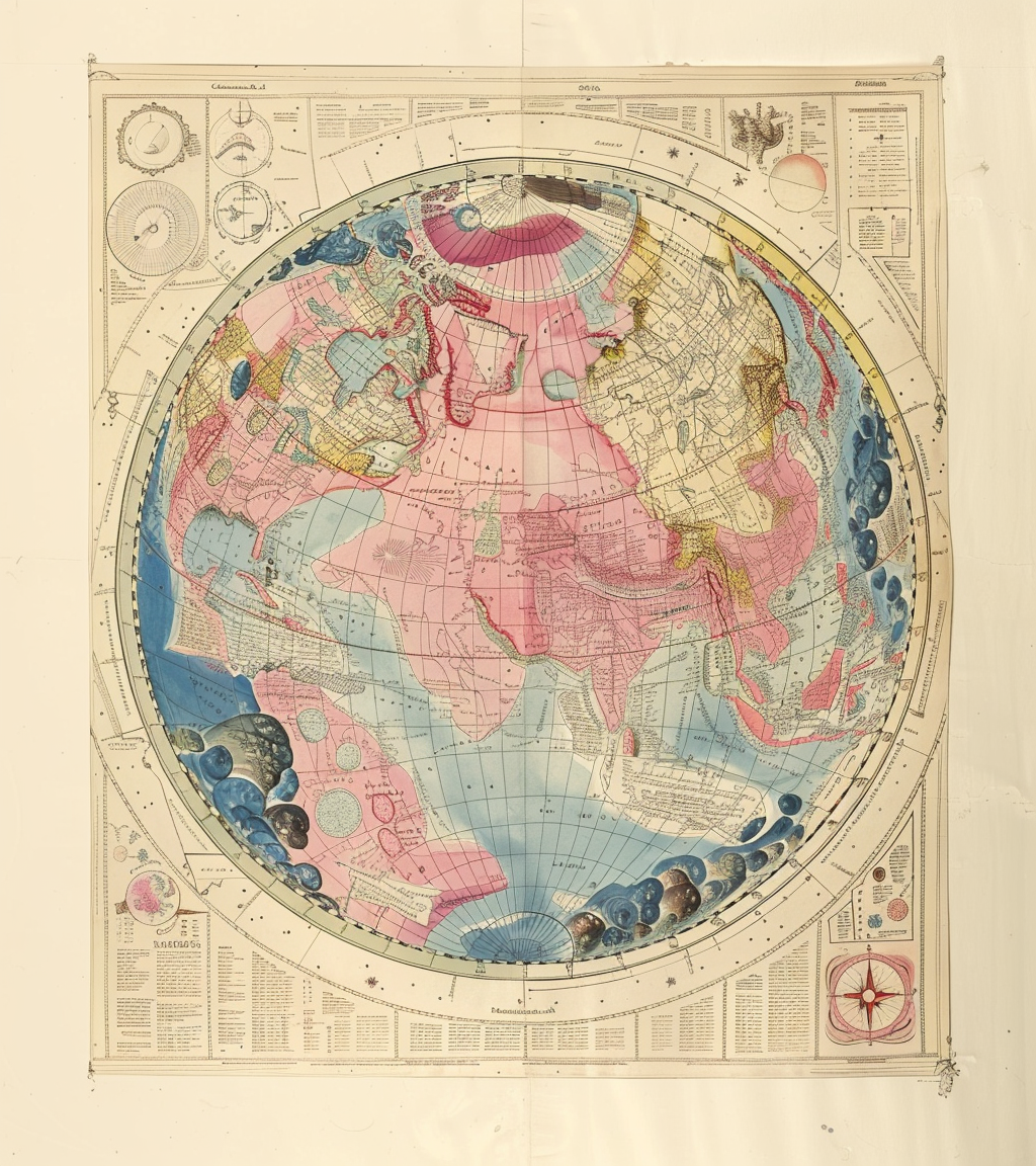 Circular antique world map in pastel colors on white.