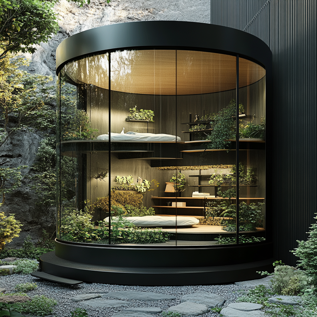 Circular glass room with indoor garden, modern cabin outside.