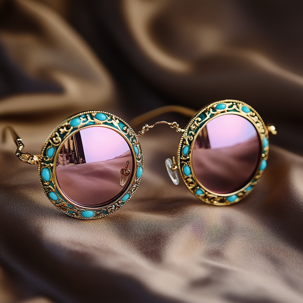 Circular glasses with rose lenses, detailed magical bohemian design