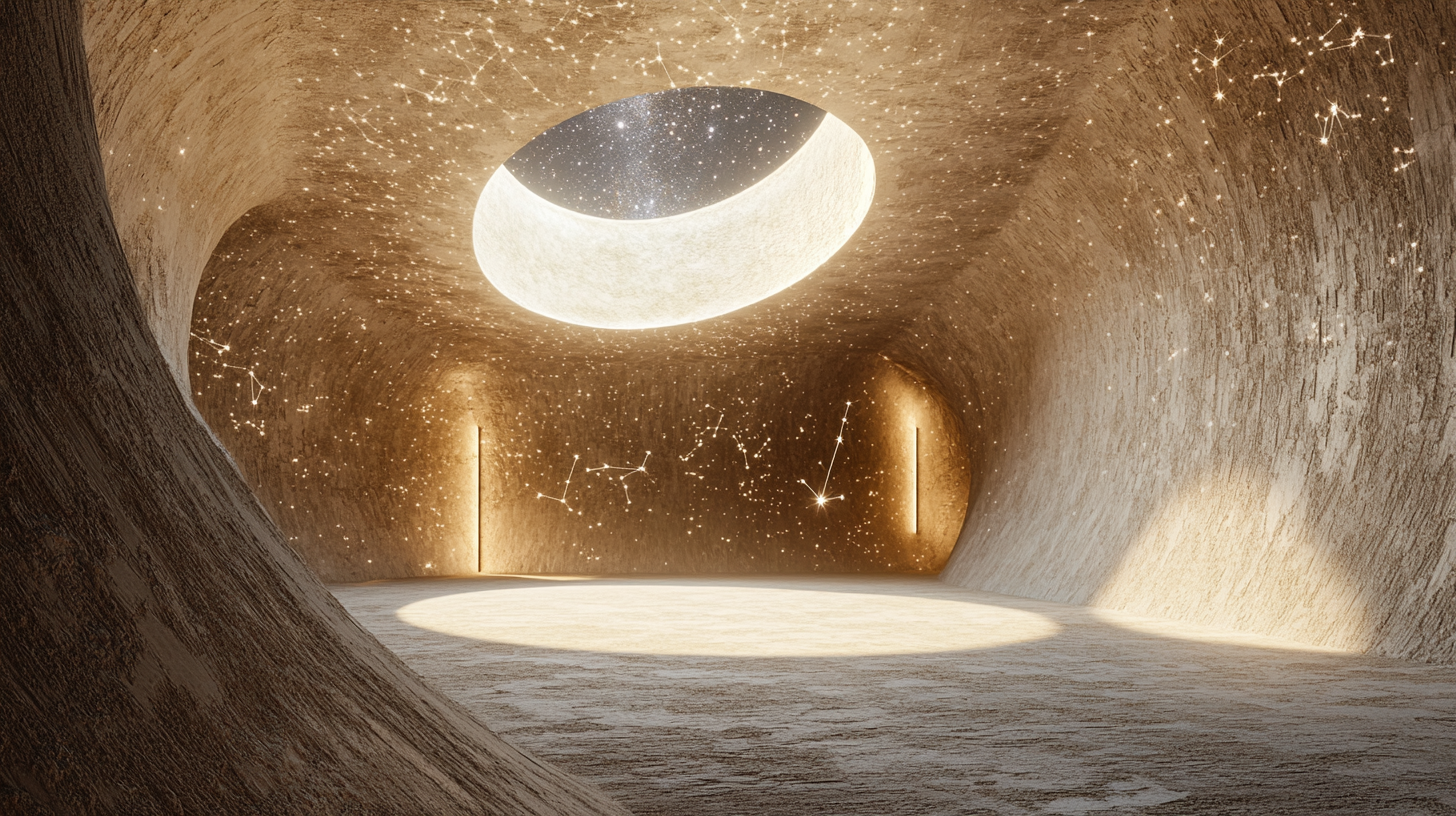 Circular limestone room with sand floor and carved constellations.