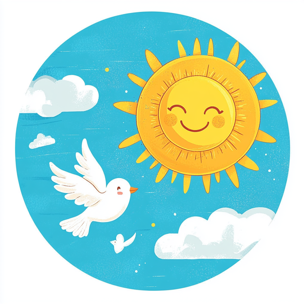 Circular logo with yellow sun, smiley face, white dove.