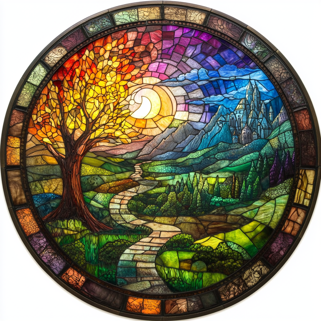 Circular stained glass window with vibrant rainbow colors, intricate designs.