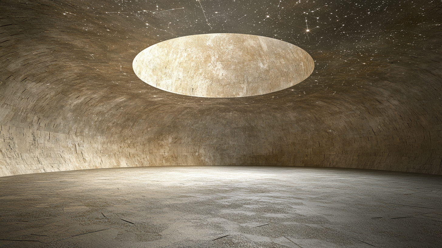 Circular stone room with sand floor and star carvings.