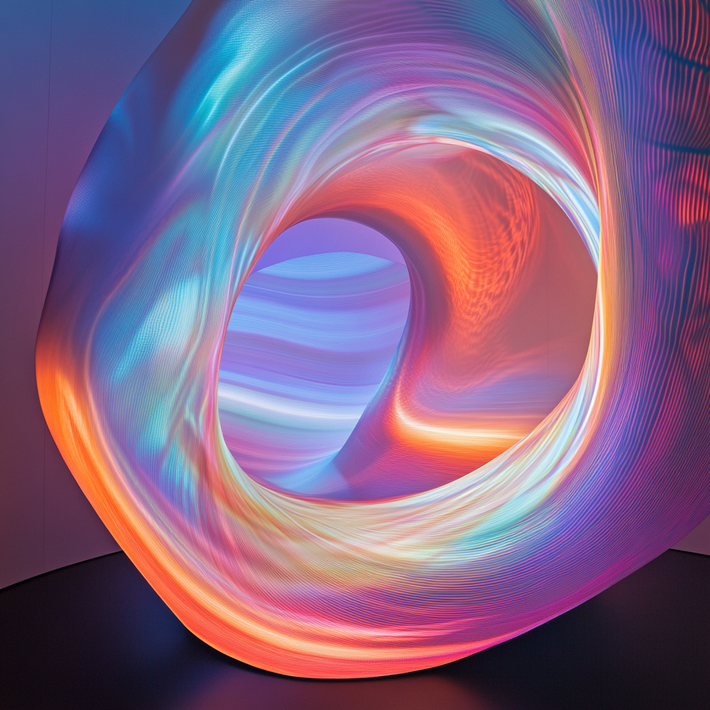 Circular structure with spandex screen, colorful light patterns interacting.