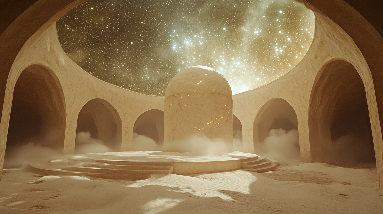 Circular temple room with sand, stone walls and constellations.