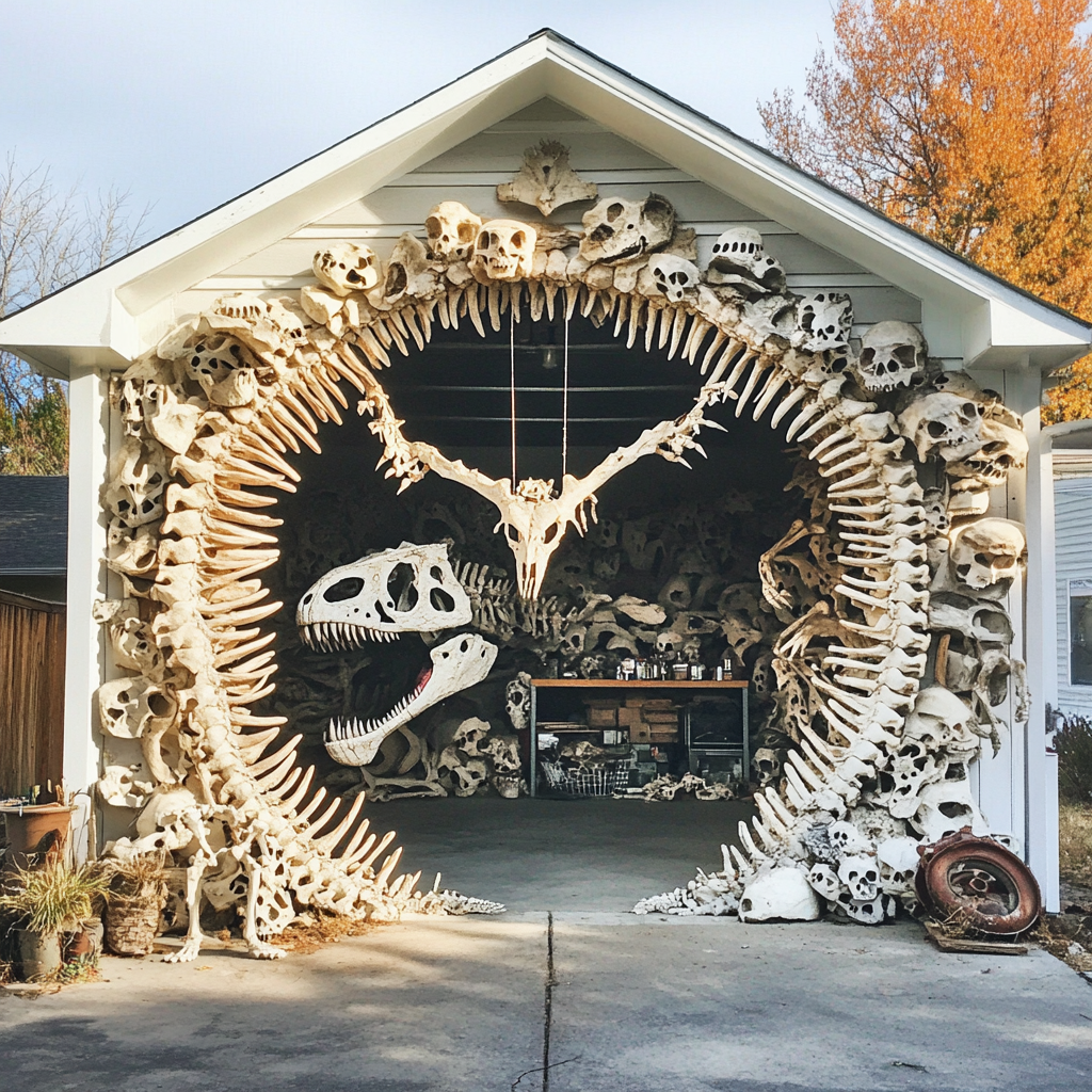 Circular tunnel with dodo bird skeleton and dinosaur bones.