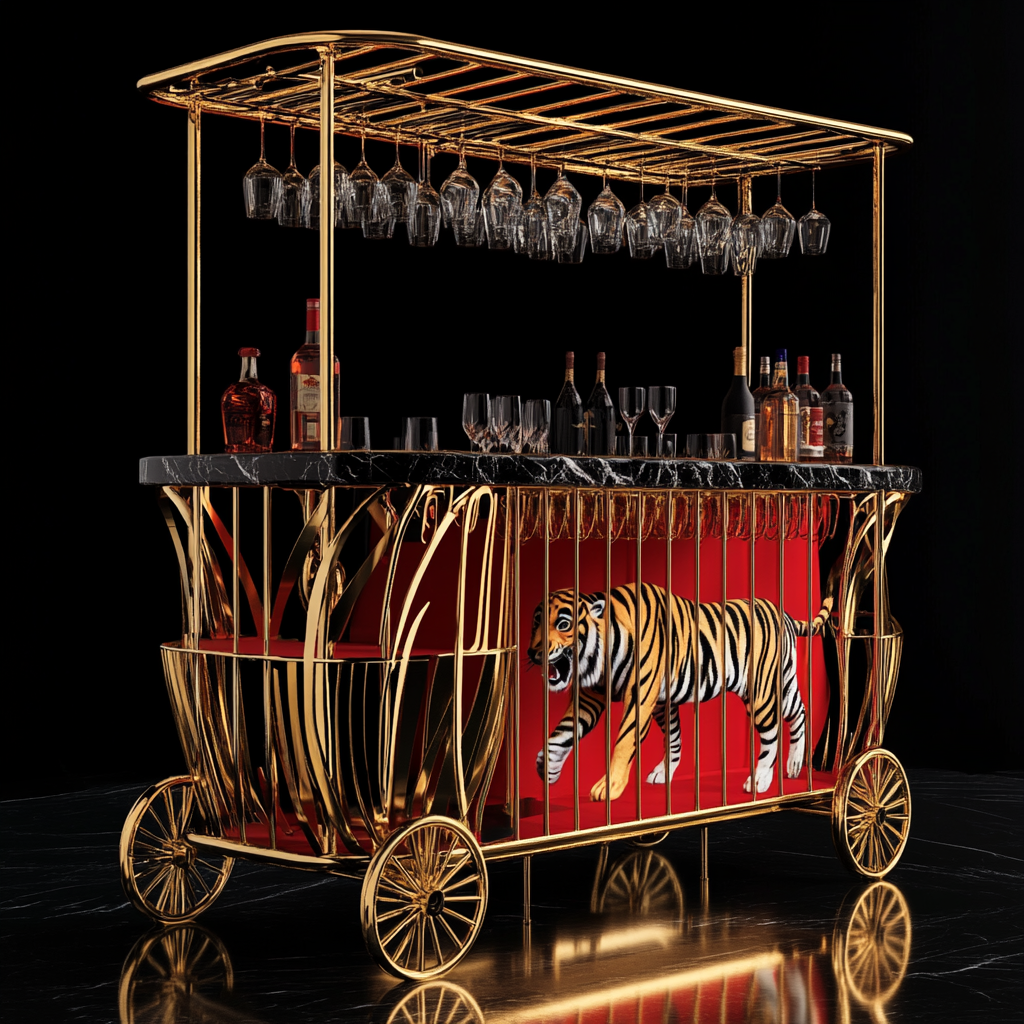 Circus tiger cage with scary tiger and wine bottles.