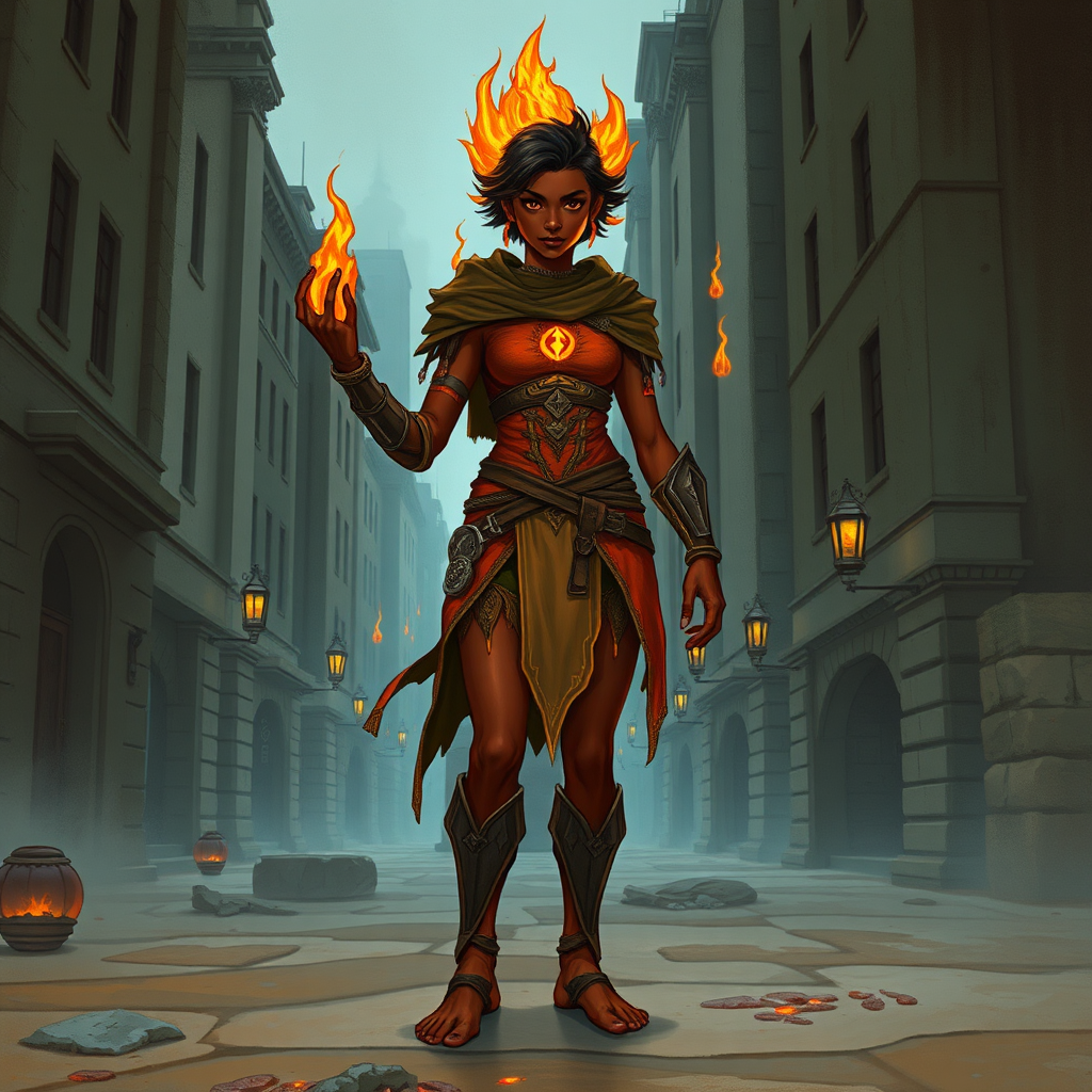 City Fire Genasi Druid in Medium Armor