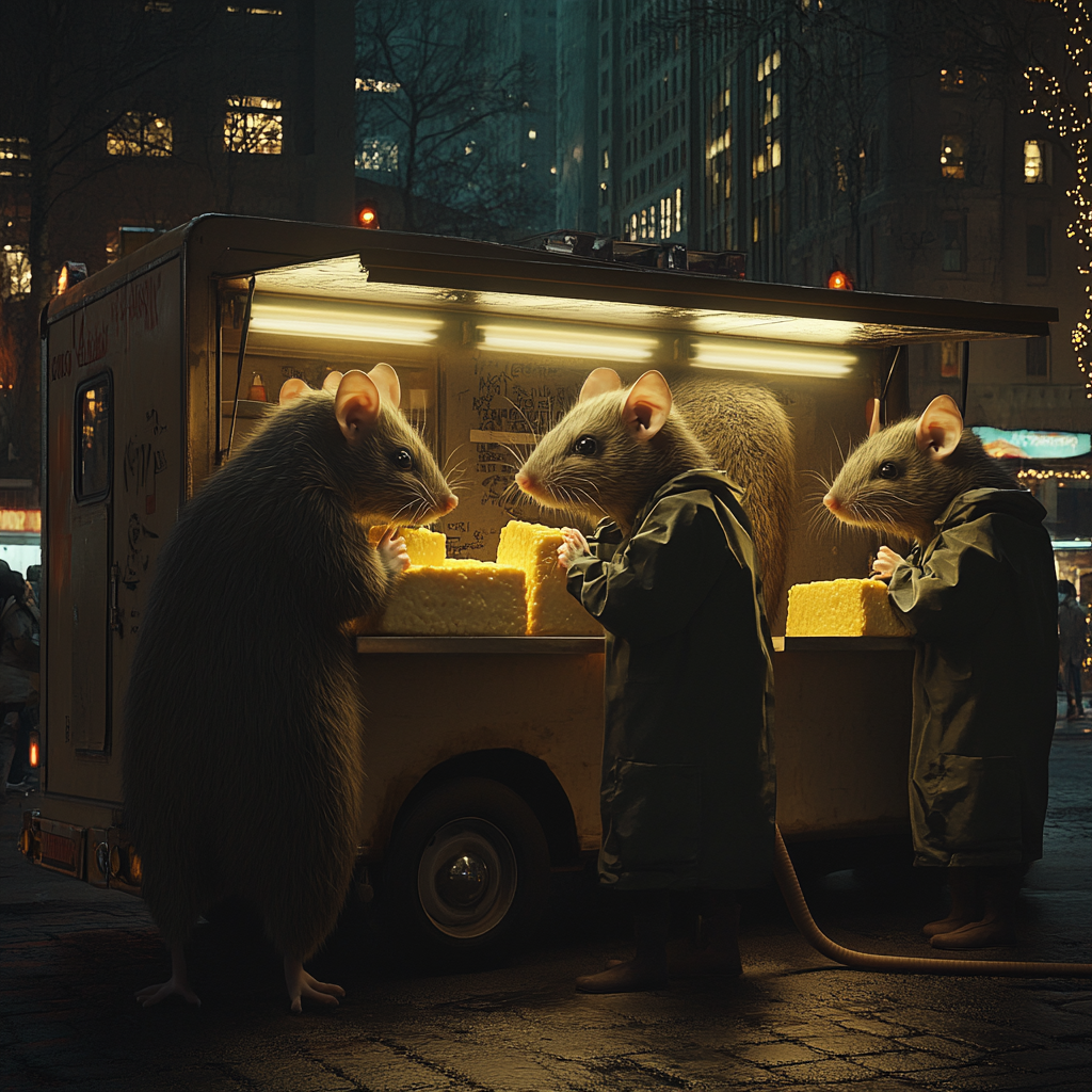 City food truck run by human-sized rats serving cheese.