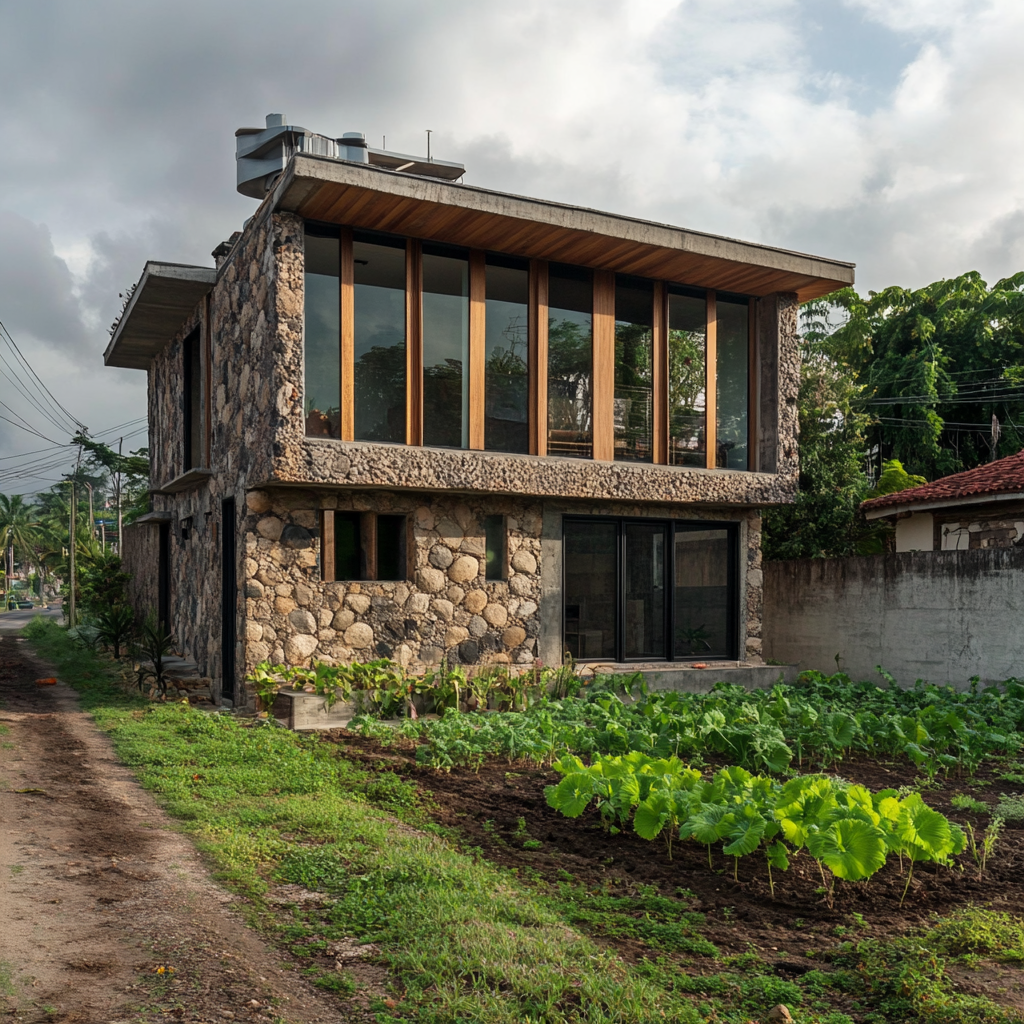 City house made from stone and hemp concrete. Garden and road in front.