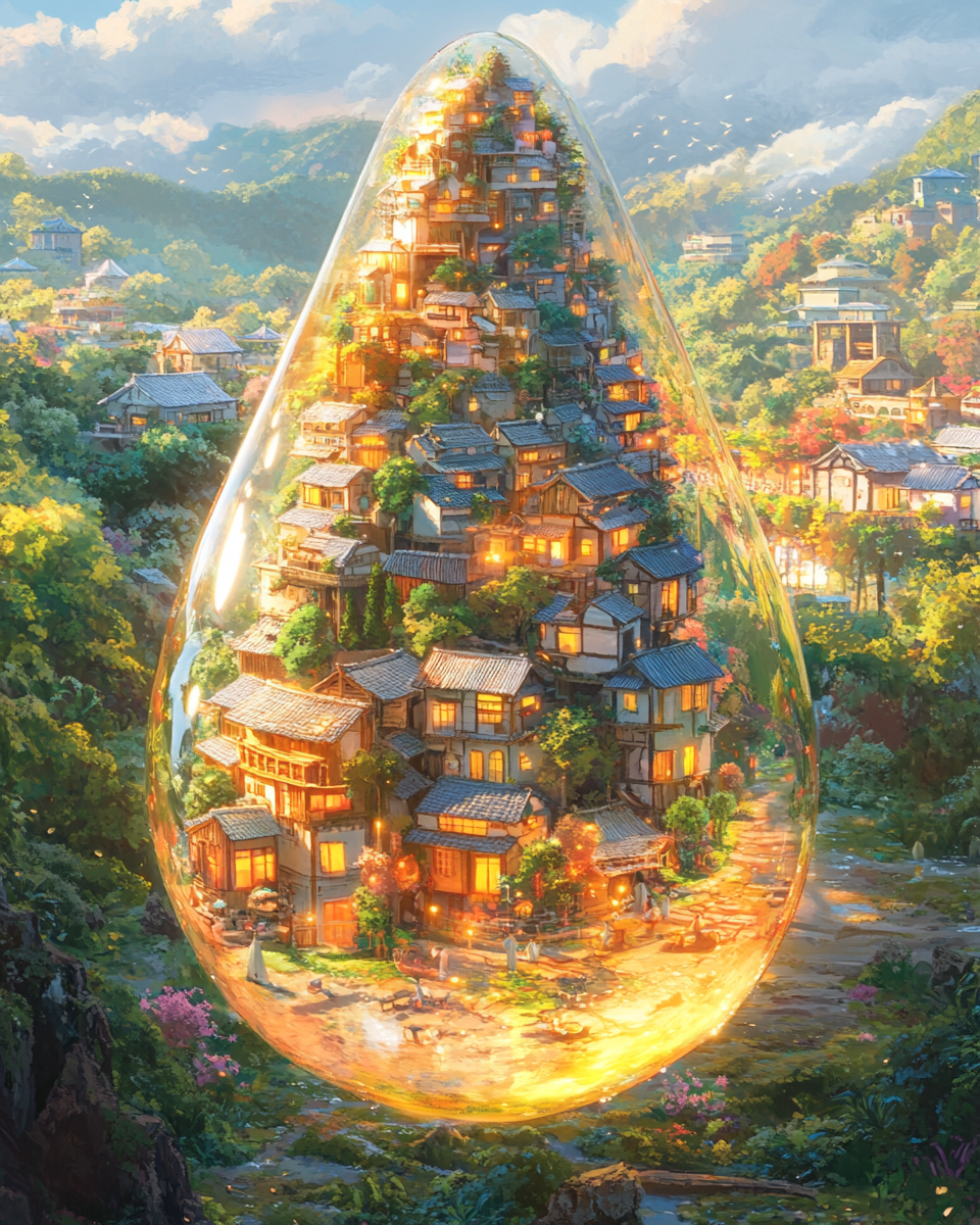 City scene in water drop, Ghibli-inspired, dreamlike.