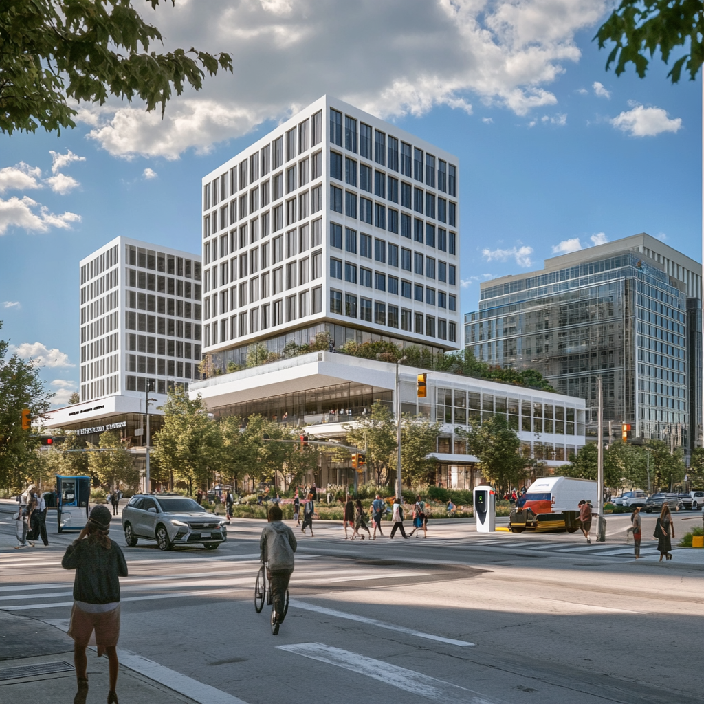 City scene with modern building, people, green central garden.