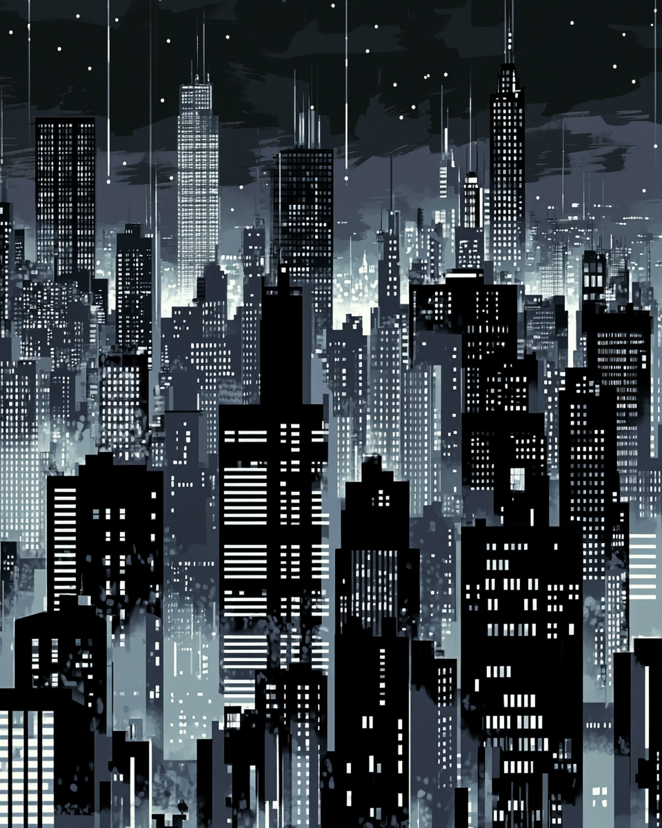 City skyline at night in VHS style.