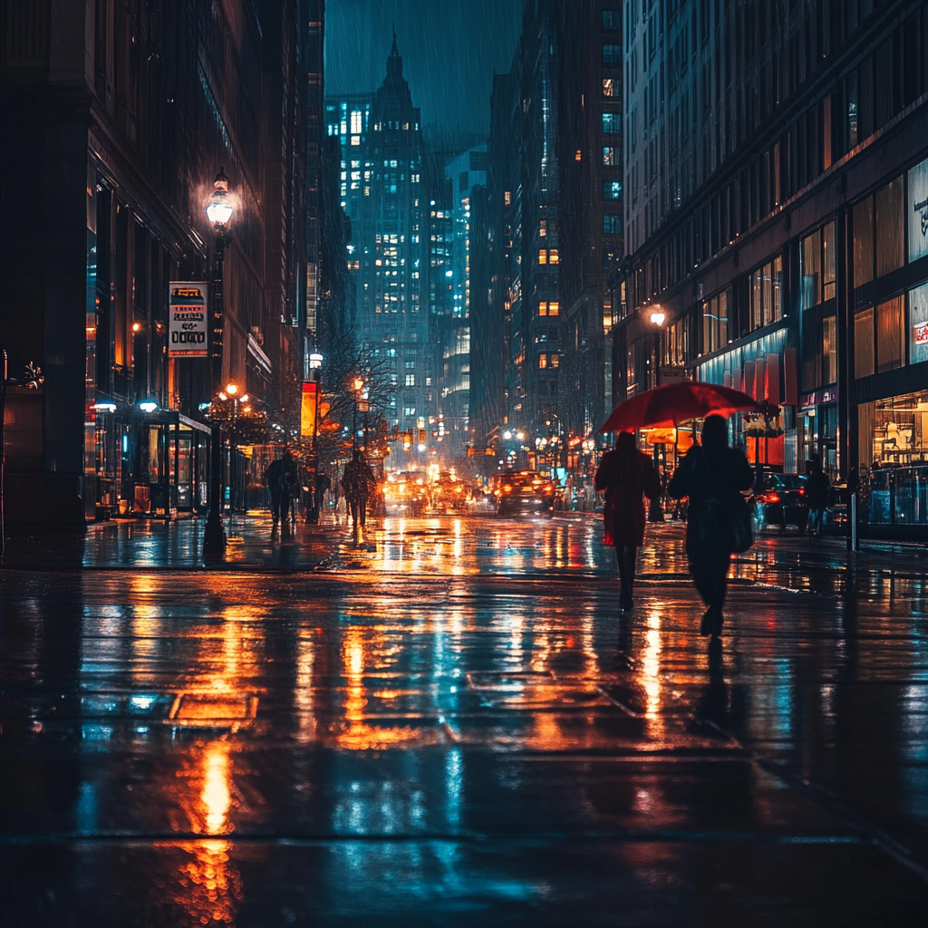 Cityscape during rainy evening with city lights reflecting.