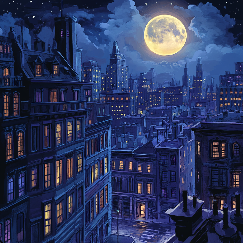 Cityscape with cartoonish buildings under glowing full moon.