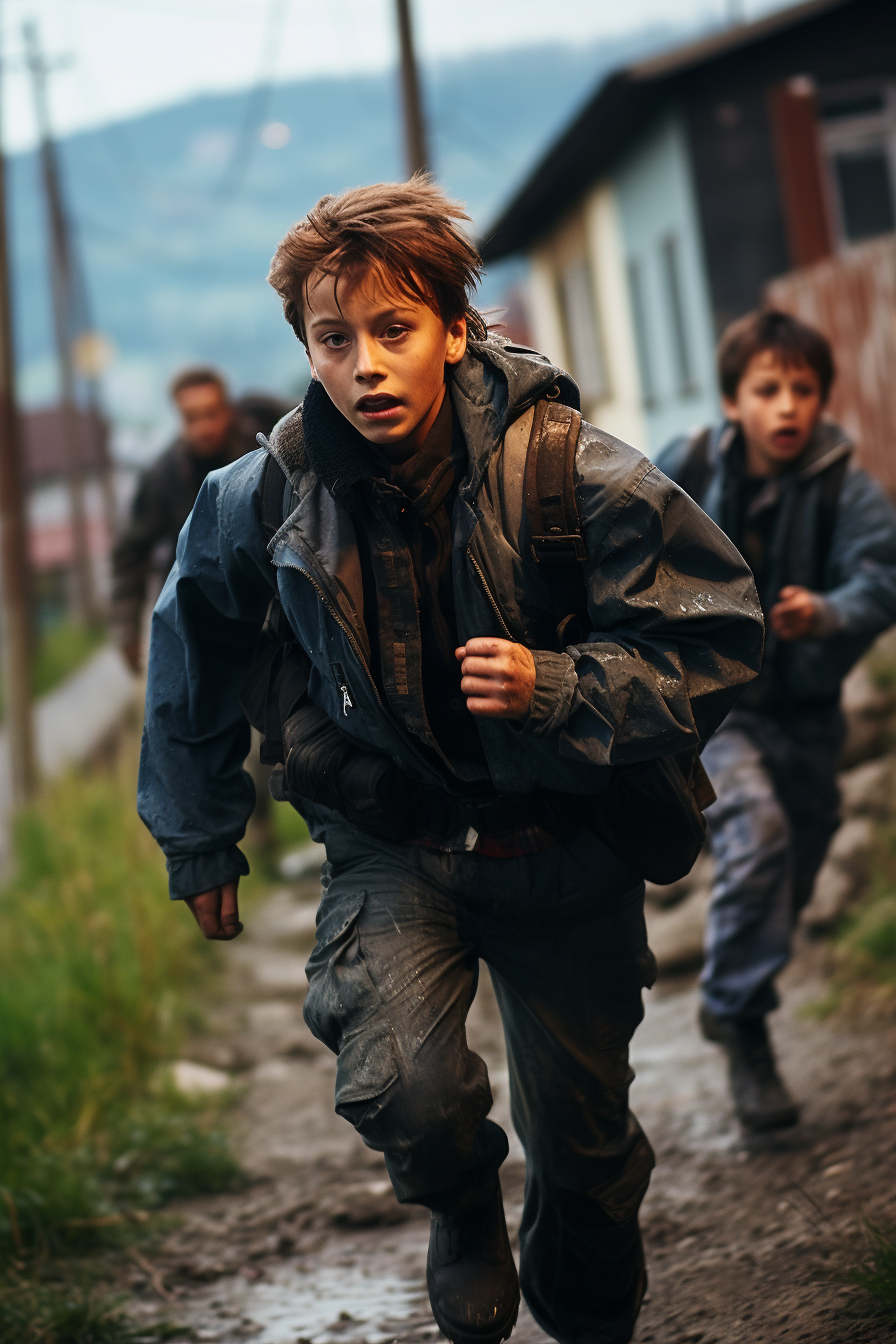 Boys running from police in Kosovo