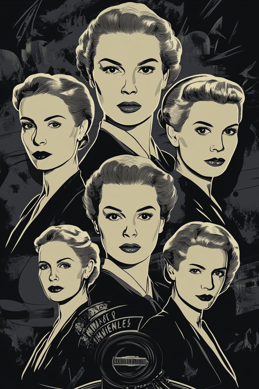 Classic Actresses in Stylish Noir Artwork: Hitchcock Influence