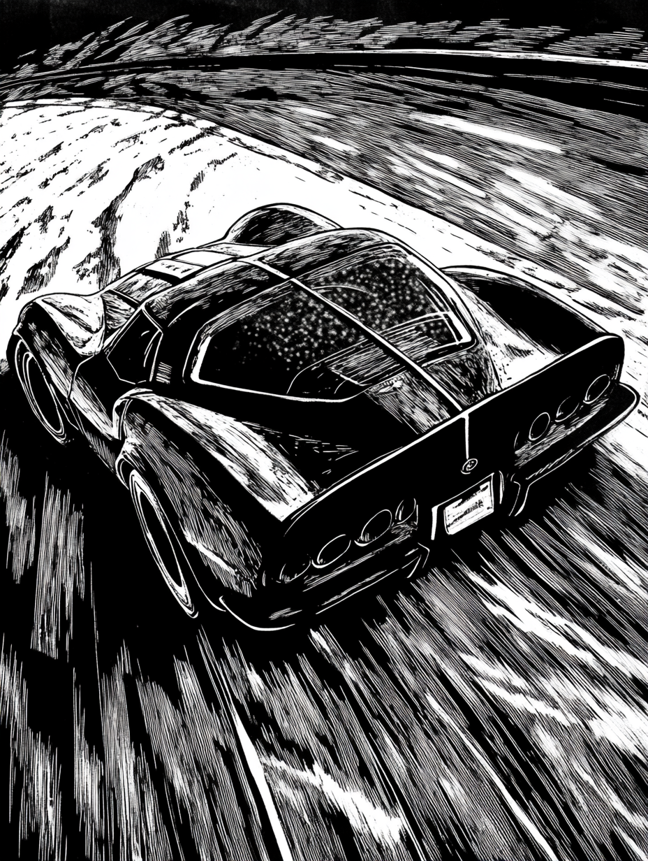 Classic Corvette racing in a detailed woodcut image.