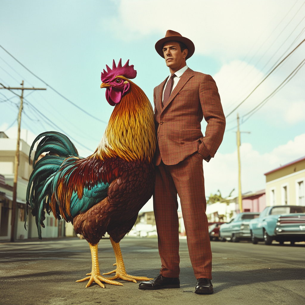 Classic Man and Giant Rooster: Vintage American Ad