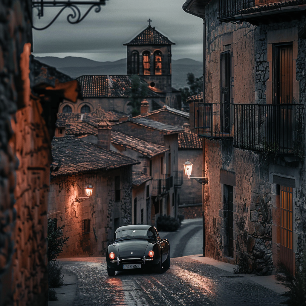 Classic car drives through illuminated Spanish village.