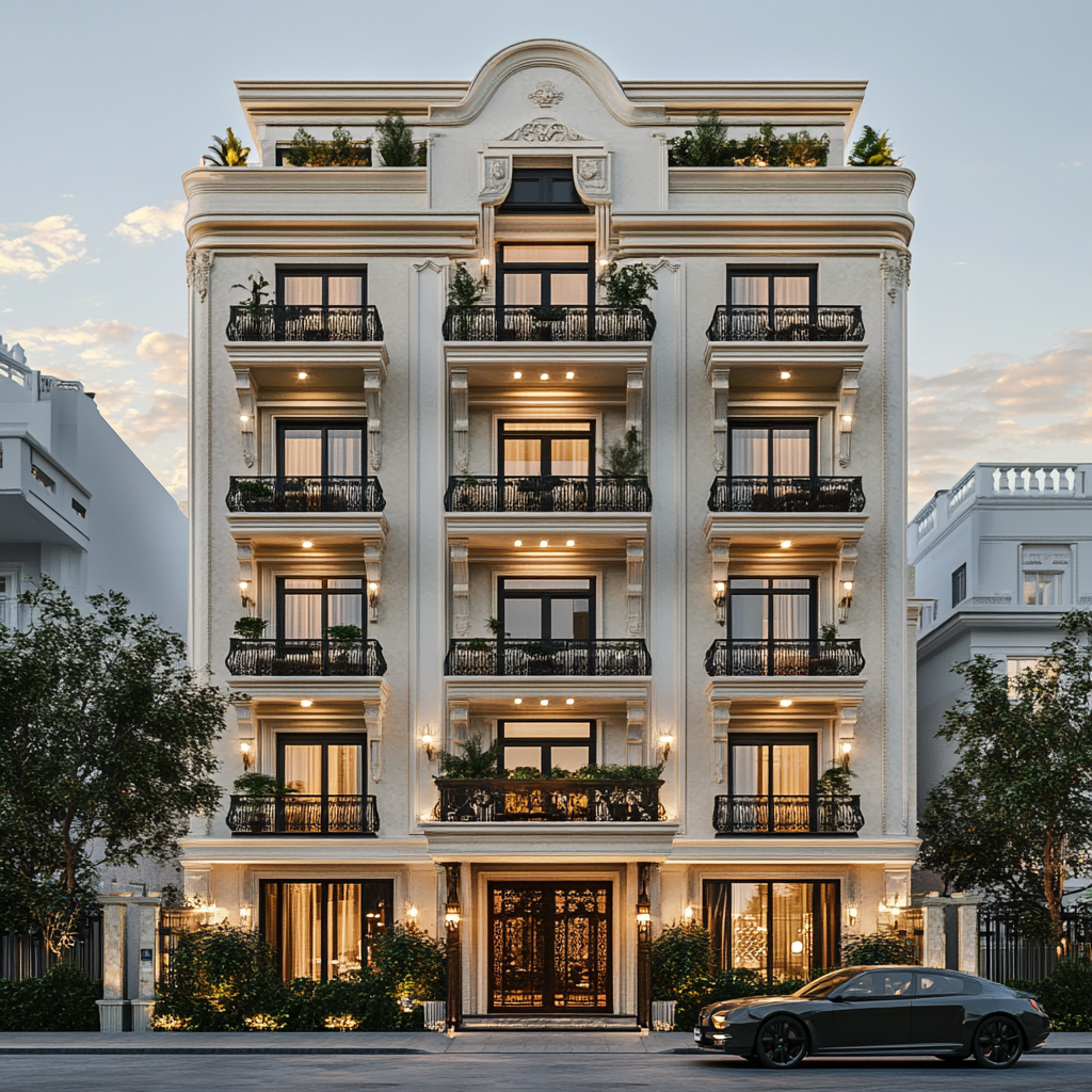 Classic design building with penthouse, balconies, and plants.