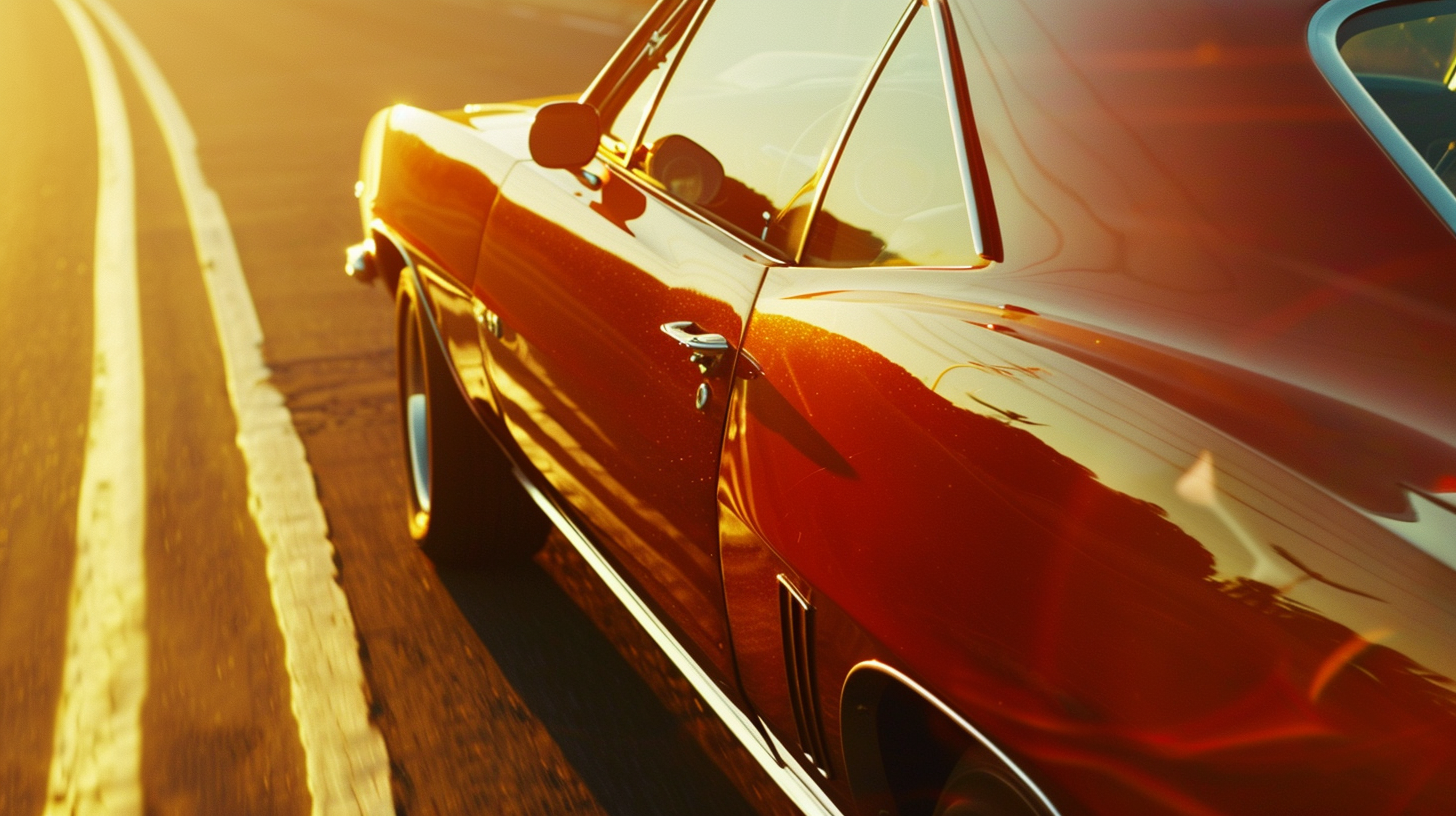 Classic muscle car under sunset on highway, 4k scene.