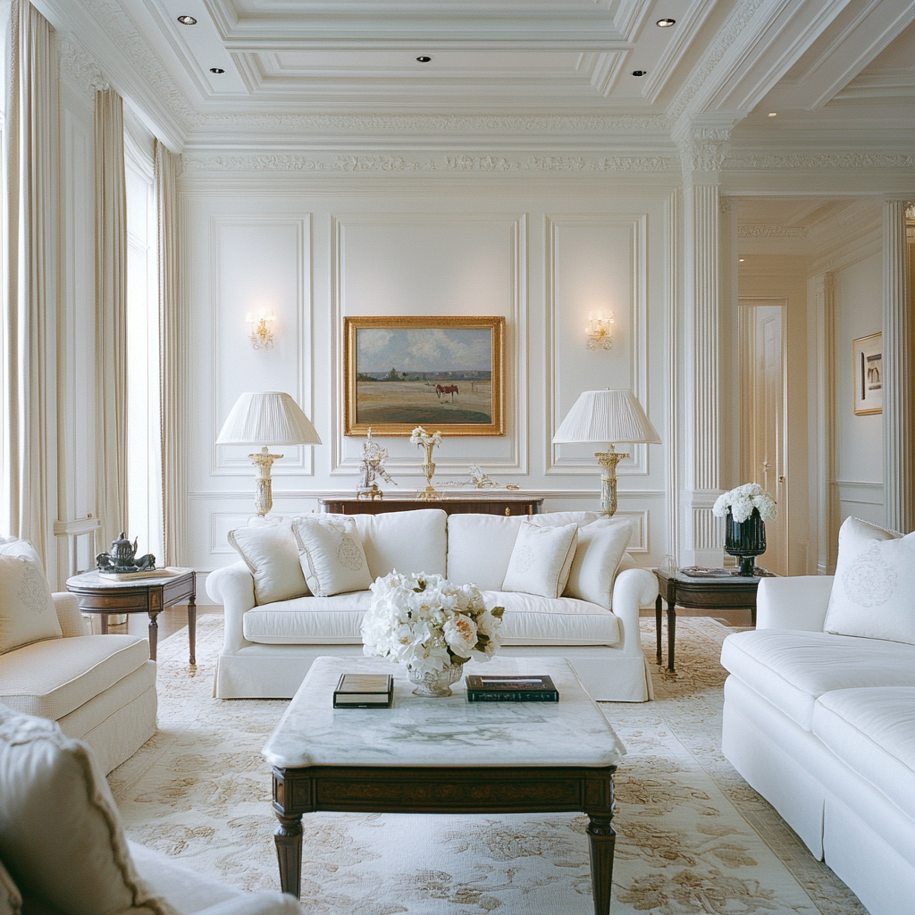 Classical Elegance: Luxurious White and Gold Living Room