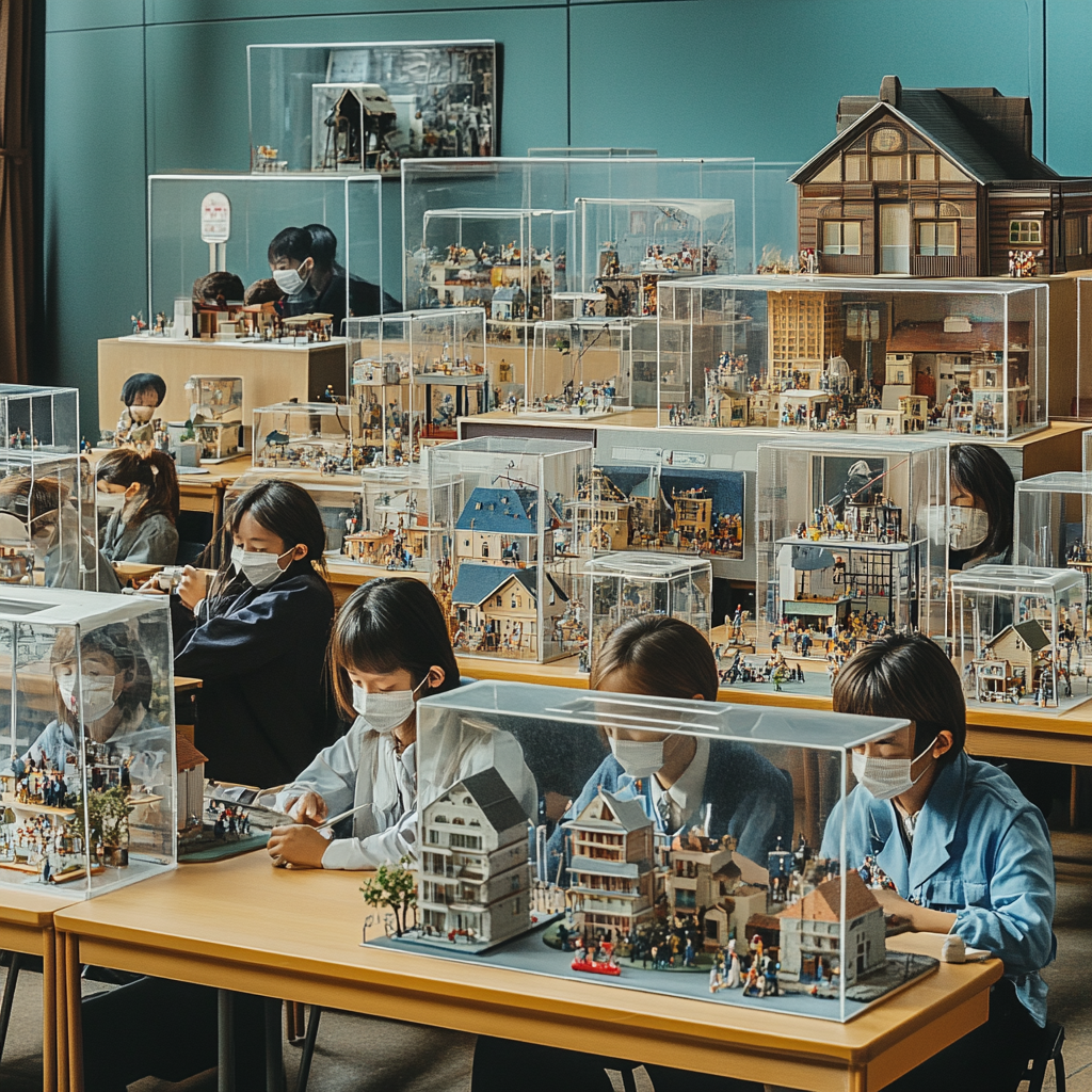 Classroom of professionals studying doll houses like scientists.