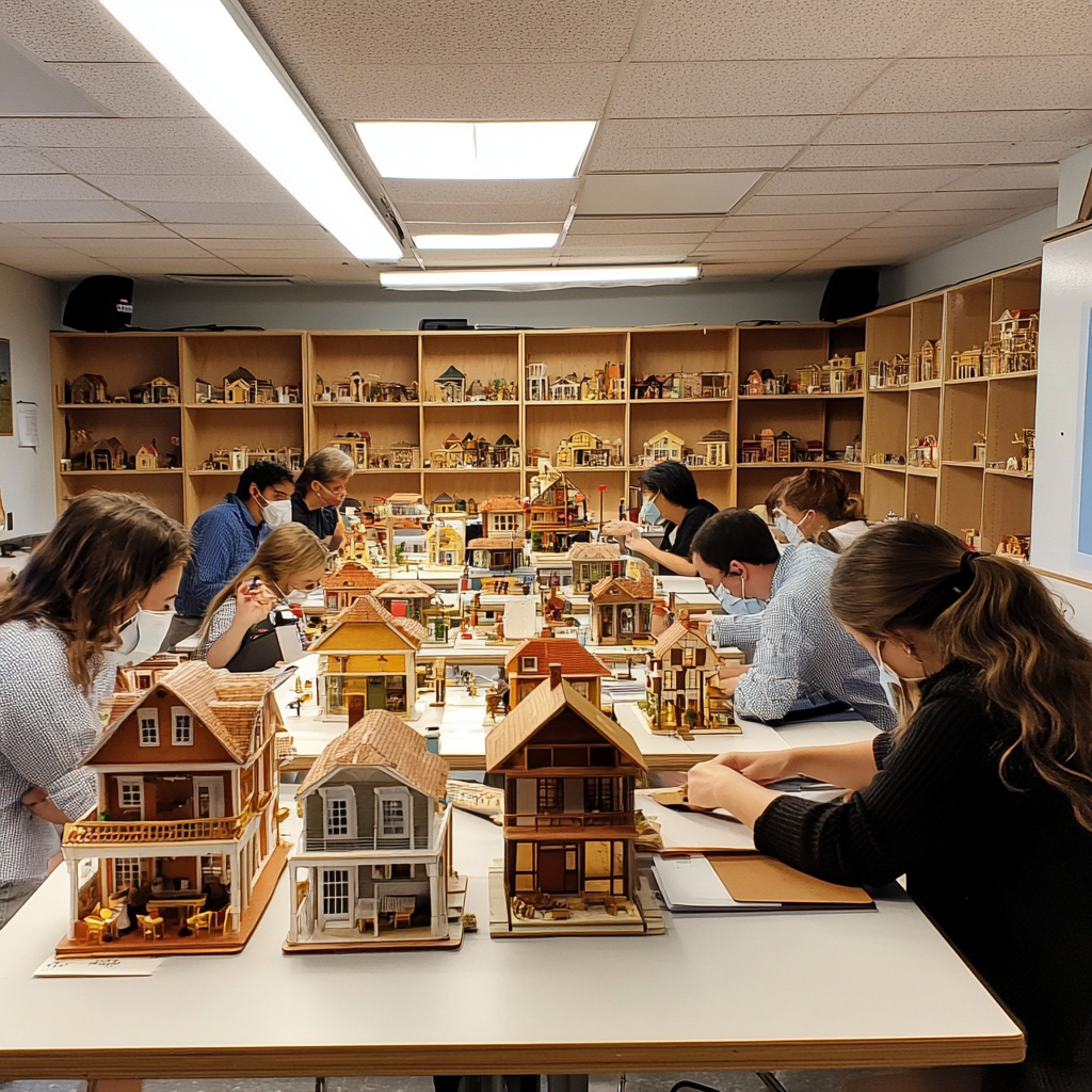 Classroom with professionals studying doll houses intently.