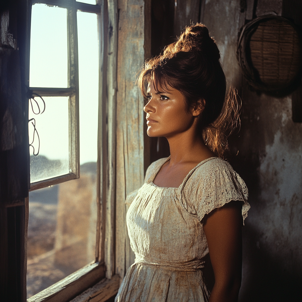 Claudia Cardinale in a Western scene with bun.