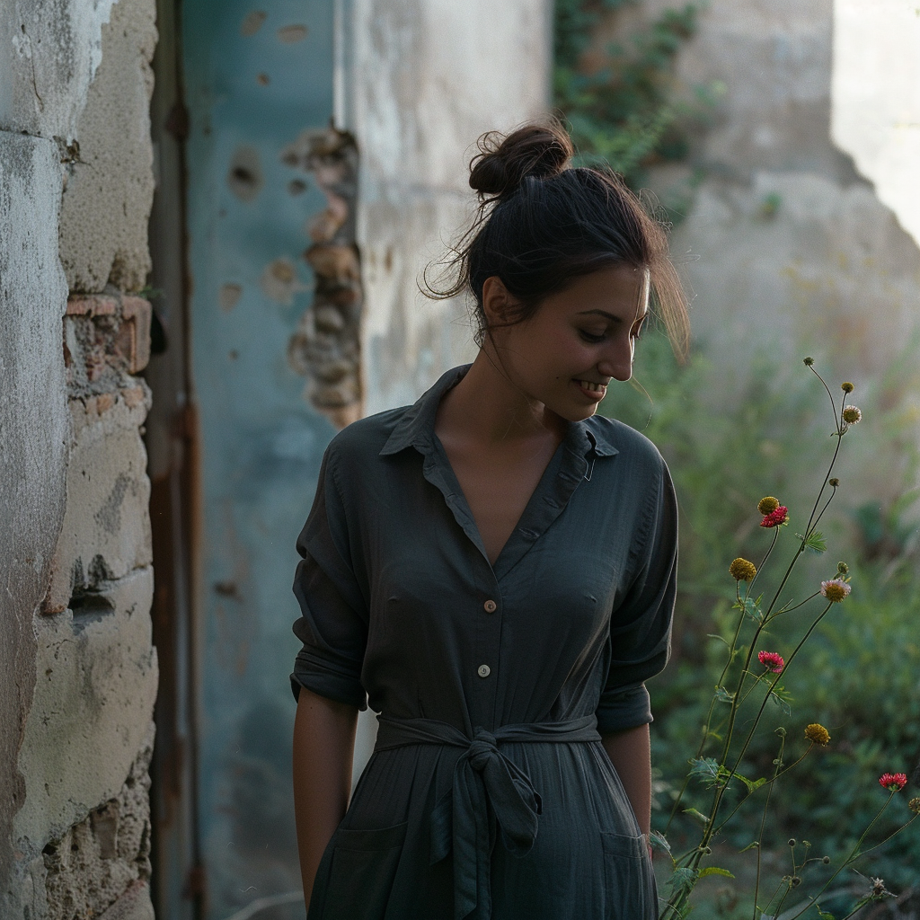 Claudia Cardinale look-alike in dark grey dress smiling.