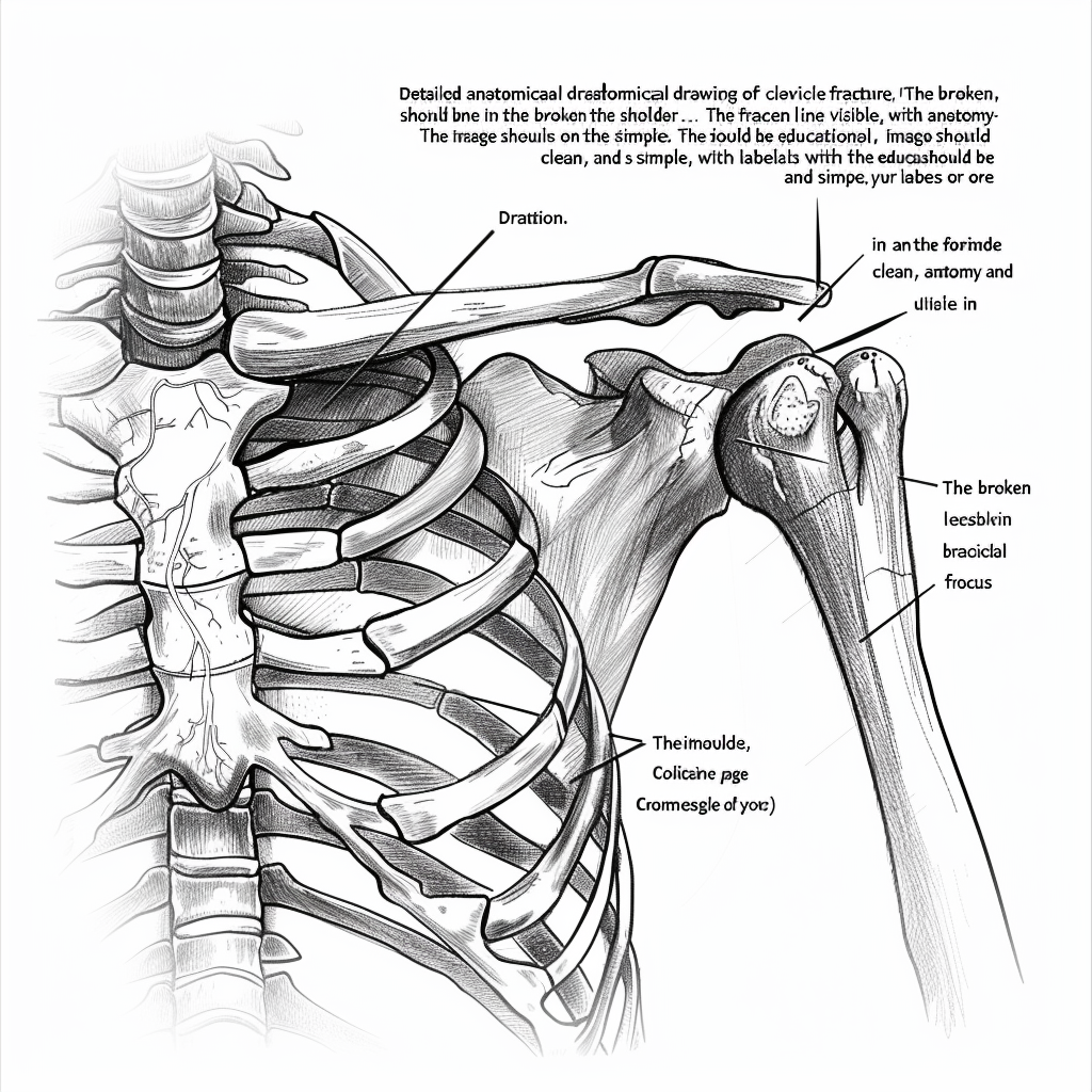 Clavicle fracture anatomy with clear fracture line and labels.