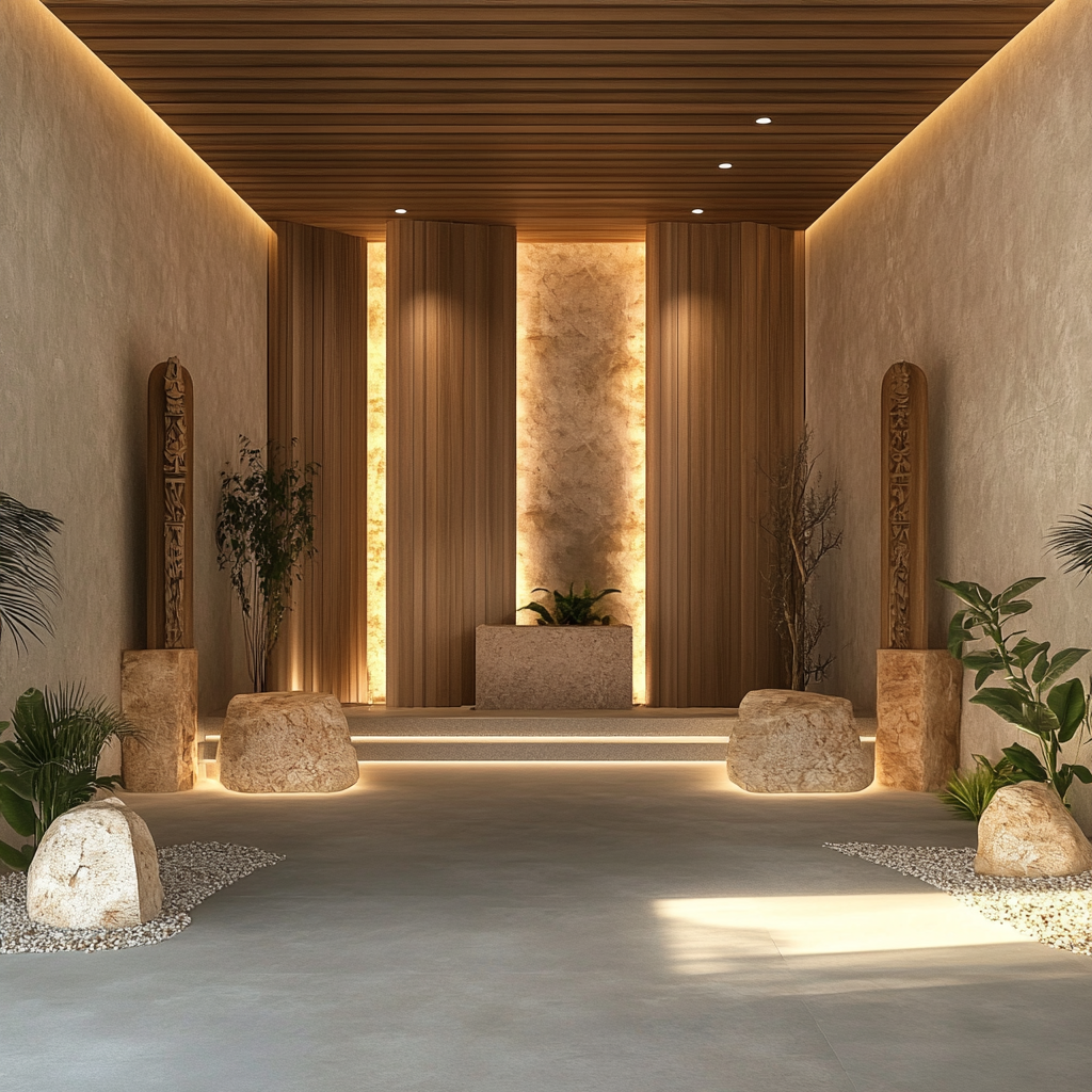 Clean, natural entrance with warm lighting and totems.