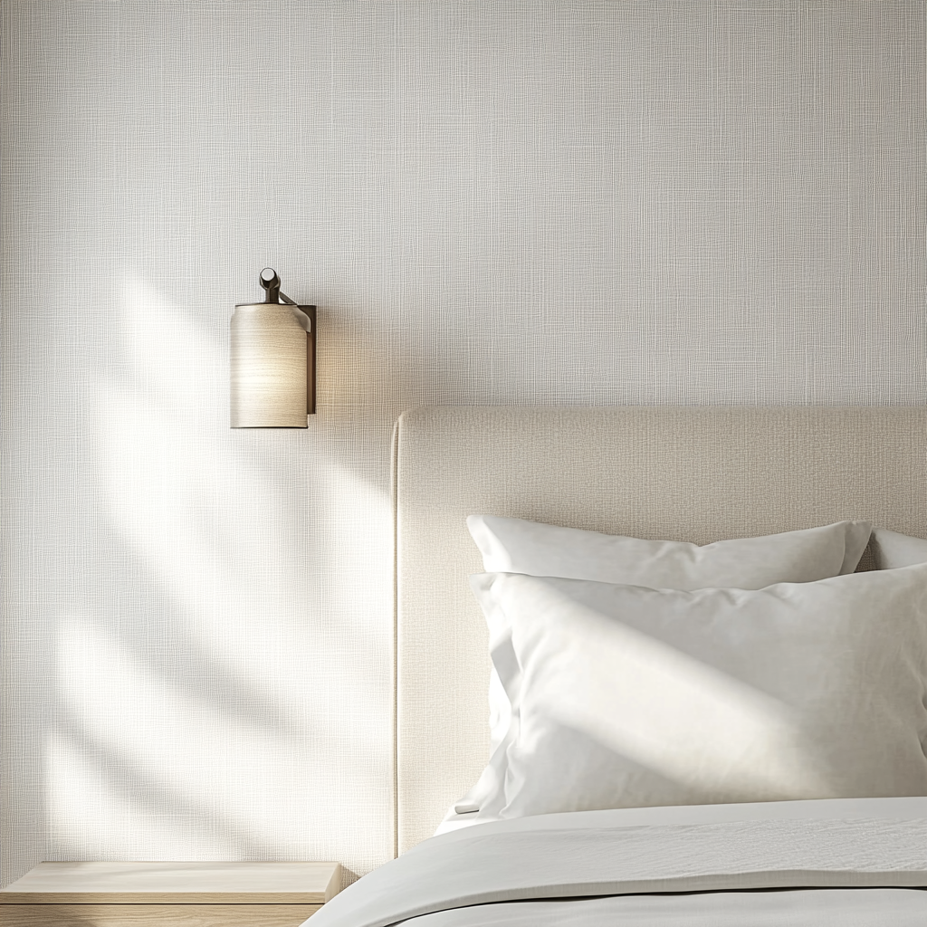 Clean, serene bedroom scene with minimalist bedside table.