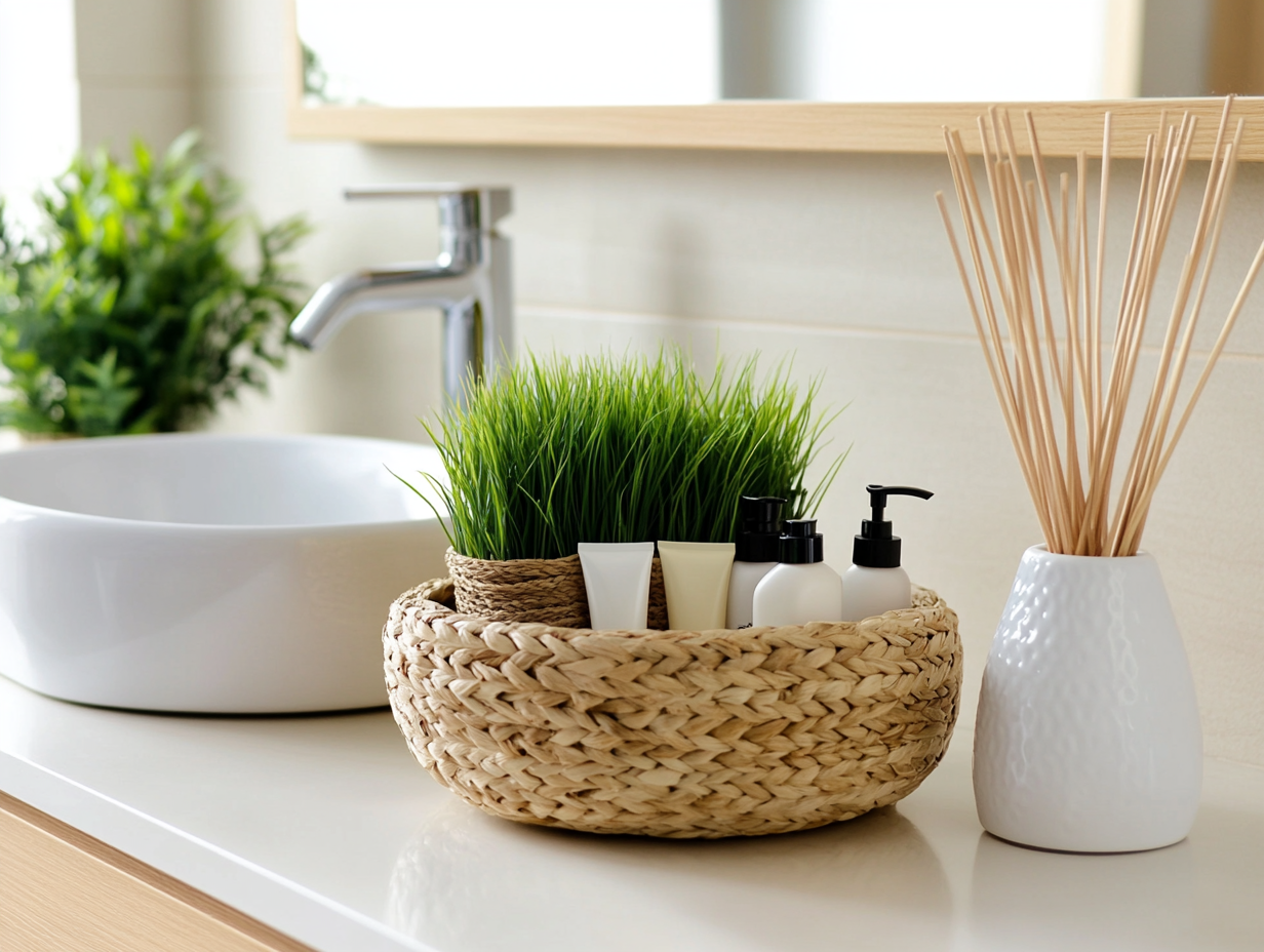 Clean Bathroom Countertop with Toiletries and Plant 4:3