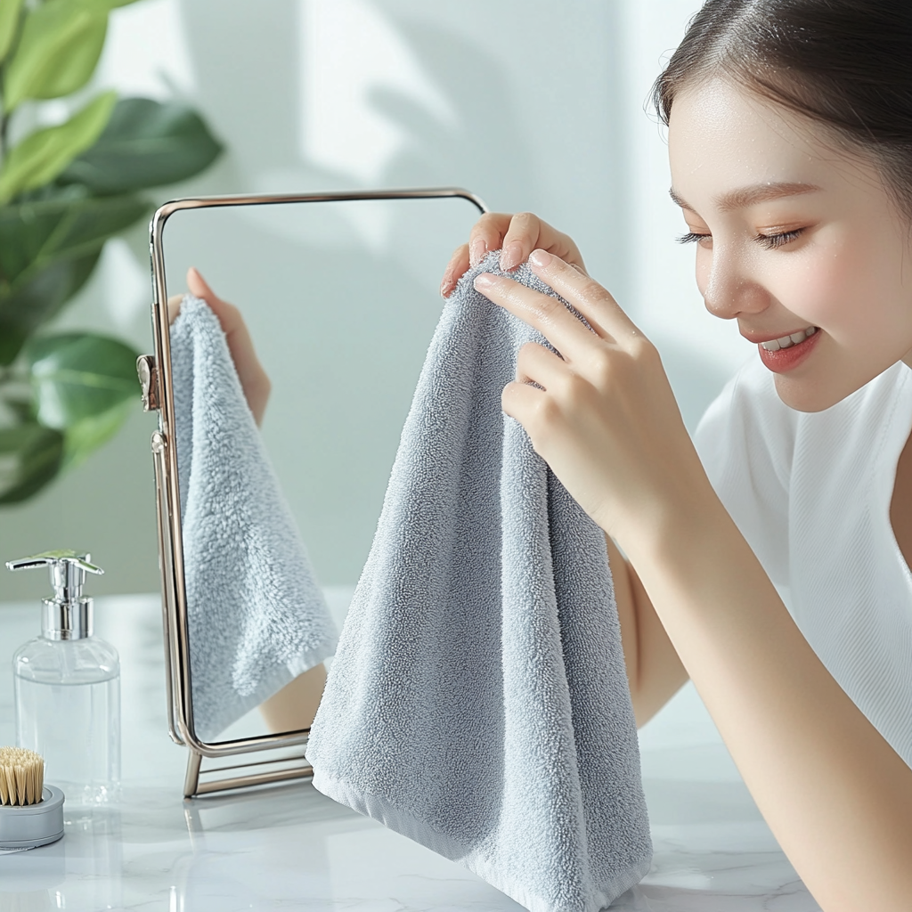 Clean Mirror Woman Wiping with Gray Towel