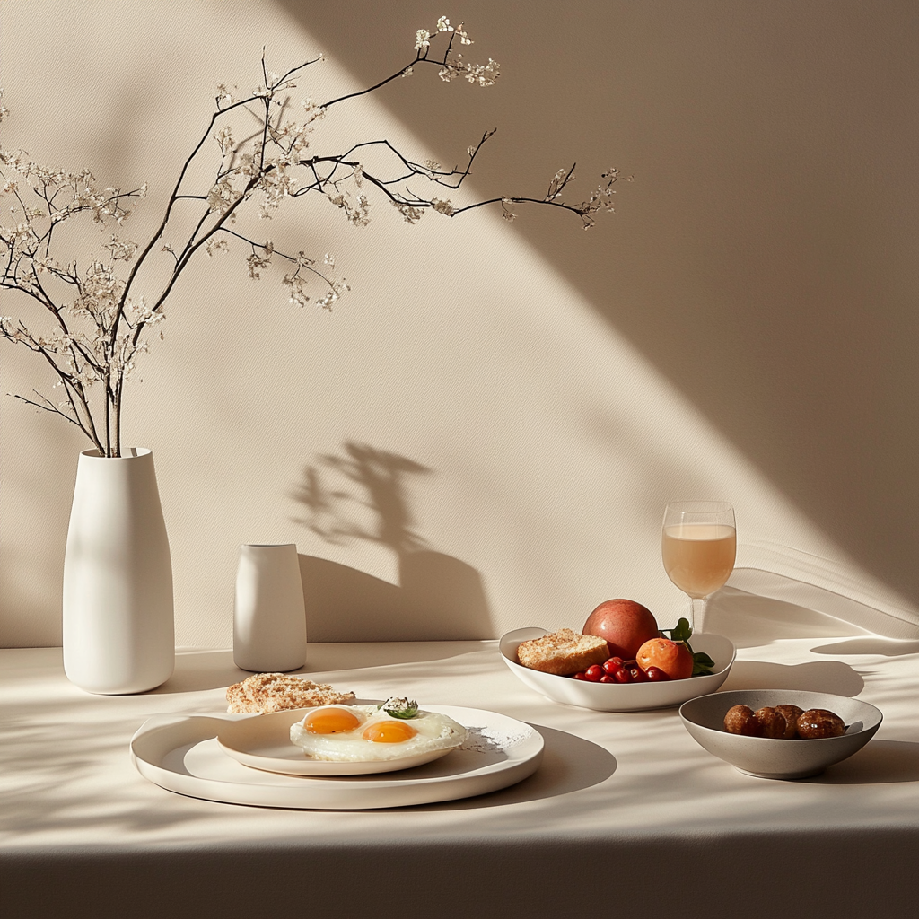 Clean breakfast with minimalist design, geometric shapes, calm background.