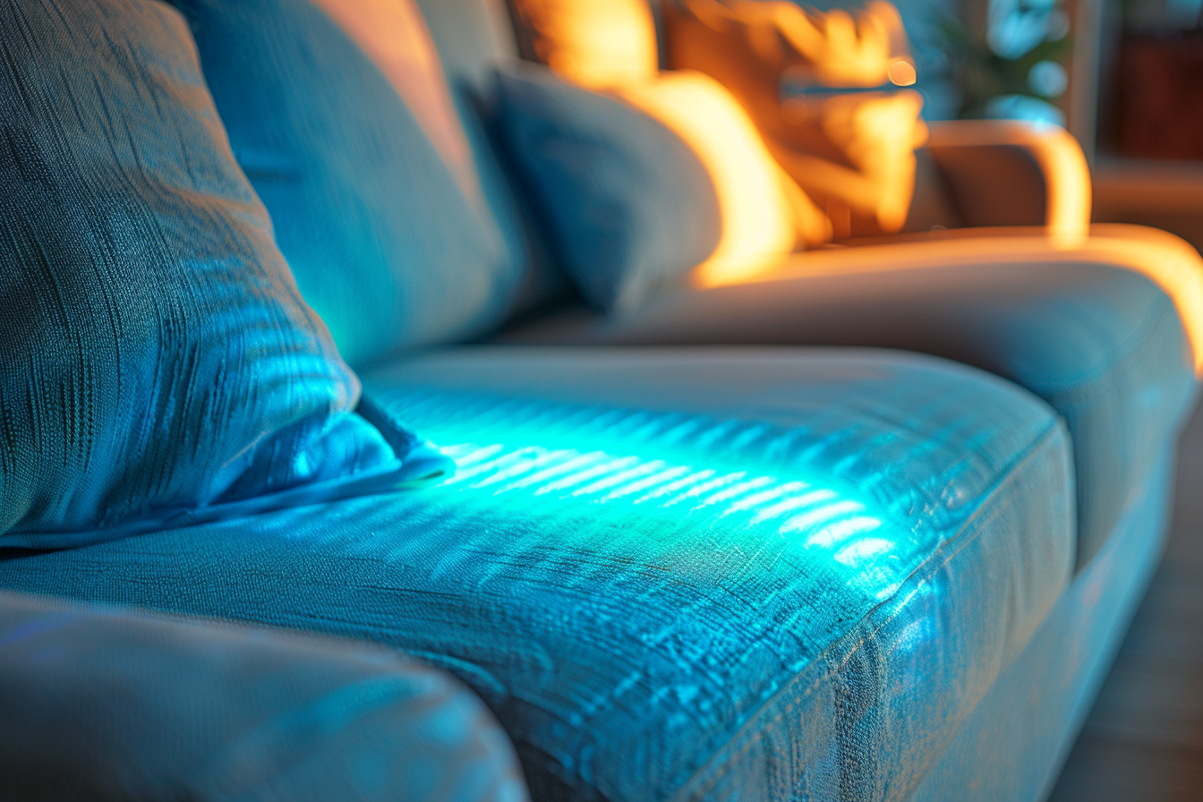 Cleaning Sofa with UV Light in Bright Room