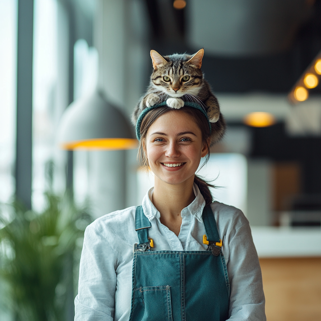 Cleaning Woman with Cat in Modern Building