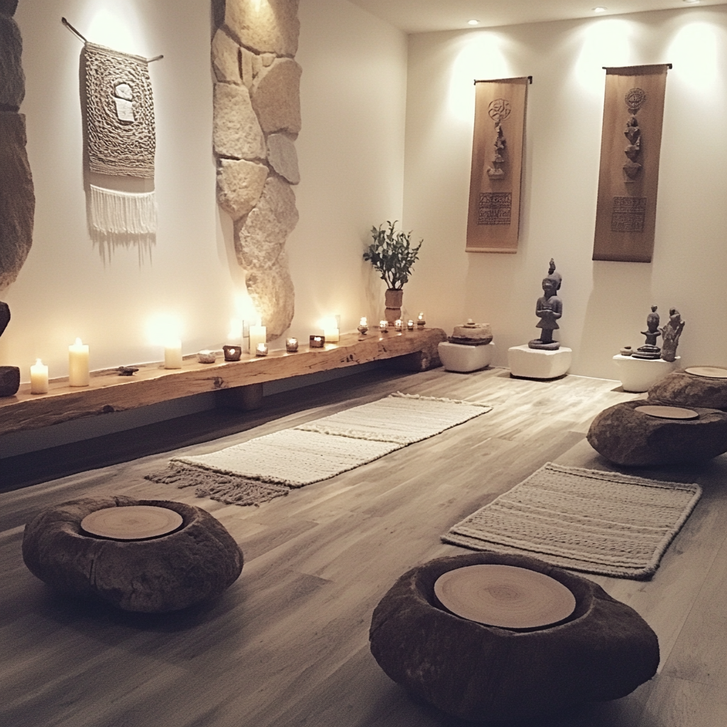 Cleansing space with natural materials, soft lighting, sacred atmosphere.