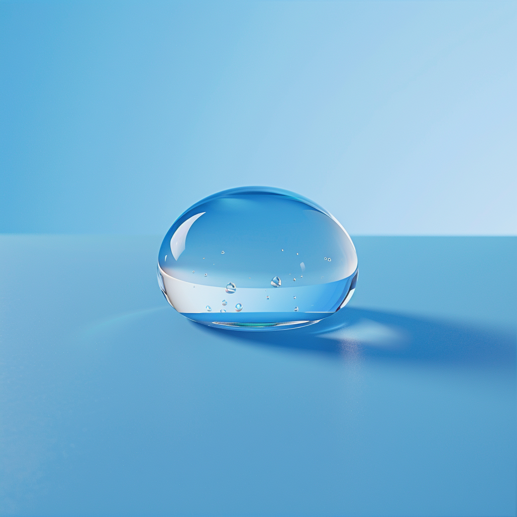 Clear water droplet on blue background with reflections.